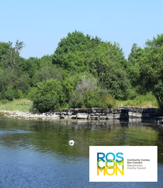 A serene river scene with lush green trees along the bank, reflecting in the calm water. A small rock formation is visible on the shore. The Roscommon County Council logo is in the bottom right corner.