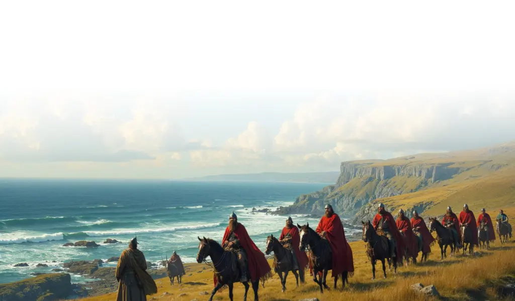 A group of horseback riders in red cloaks travel along a rugged coastline. The scene features grassy cliffs, a blue ocean, and a bright, cloudy sky, creating a dramatic and scenic landscape.