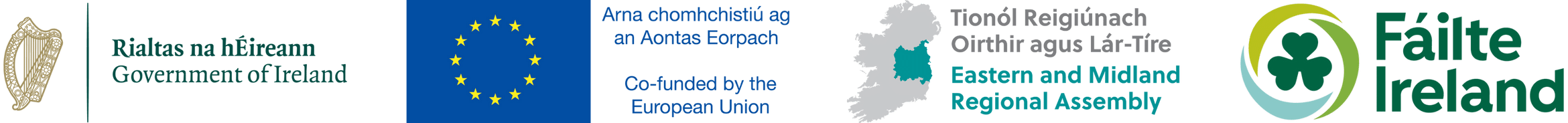 Four logos in a row—Government of Ireland, European Union flag, the European Regional Assembly, and Fáilte Ireland—all representing organizations supporting regional tourism and Accessible Trip Planning at Lough Ree.
