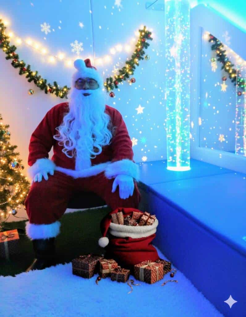 Santa Claus sits on a blue bench in a festive room, decorated with garlands, a lit Christmas tree, and glowing bubbles—reminiscent of an Accessible Boat Trip on Lough Ree. Wrapped gifts fill a red sack beside him as snowflake lights shine around.