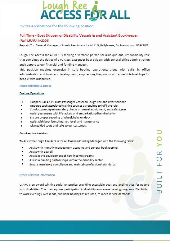 A job advert for Lough Ree Access for All seeks a full-time boat skipper for disability vessels and assistant bookkeeper. The white and green flyer highlights Inclusive Lough Ree Boat Experiences, listing responsibilities, skills, and contact details.